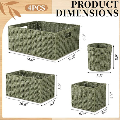 OIAHOMY Wicker Baskets for Organizing, Large and Small Shelf Baskets Set, Handwoven Bins for Storage,Paper Rope Home Organizers, Set of 4-Green
