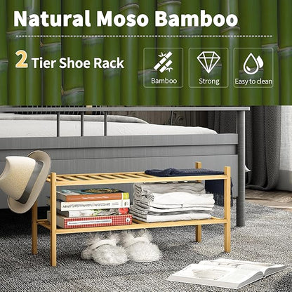 2-Tier Bamboo Shoe Rack for Entryway, Stackable | Heavy Duty | Multi-Function, Free Standing Shoe Racks for Bedroom Hallway Closet