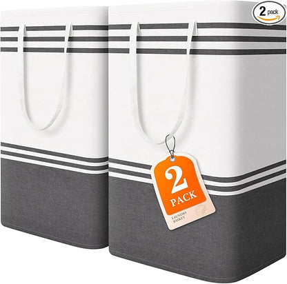 2 Pack Large Home Laundry Basket, Laundry Hamper, Freestanding Waterproof Dirty Clothes Bag, Tall Clothes Hamper - Extended & Reinforced Handles for College Dorm, Family (Light Grey/88L)