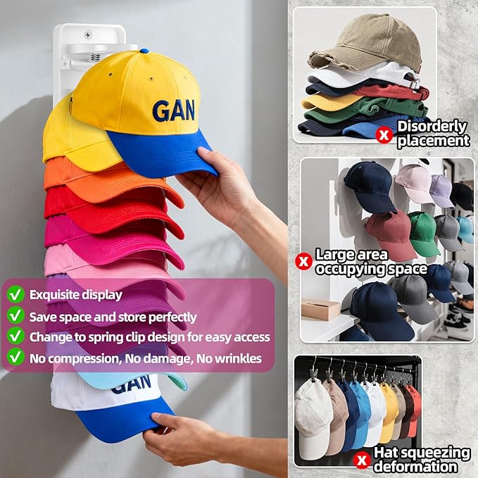 Spring Clip Hat Organizer for Baseball Caps – 2 Pack, Wall Hat Rack for Door & Closet – Keeps 20 Hats Tidy in Garage, Dorm, Man Cave – Multi-Layer Cap Storage (White)