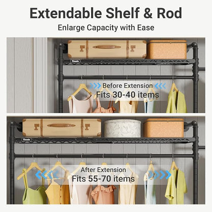 Timate F2 Pro Expandable Wall Mounted Clothes Rack Industrial Pipe Clothing Rack for Hanging Clothes, Heavy Duty Clothes Rack with Shelves, Garment Rack Wall Closet System, Black Pipe Closet Kit