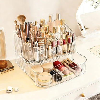 Makeup Organizer with 360° Rotating Brush Holder and Stackable Drawers, Cosmetic Display Case for Vanity, Bathroom Countertop (Clear, 2 Layer)
