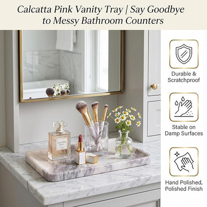 Calcatta Pink Marble Vanity Tray for Bathroom Counter-12 X7 Decorative Tray for Perfume, Candles, Stone Jewelry Dish Tray