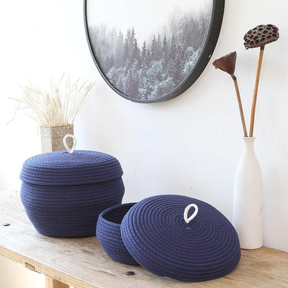 Sea Team Round Cotton Rope Storage Basket with Lid, Decorative Woven Storage Bin, Pot, Caddy, Organizer, Container for Snacks, Towels, Plants, 13 x 5.5 Inches (Large, Shallow, Dark Blue)
