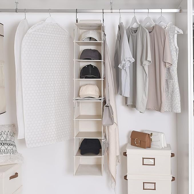 StorageWorks Hat Rack 8-Shelf Hanging Hat Organizer, Two Separate 4-Shelf Hat Storage, Baseball Cap Organizer for Closet, Canvas, Beige, 12 ¼"D x 9 ½"W x 54 ½"H