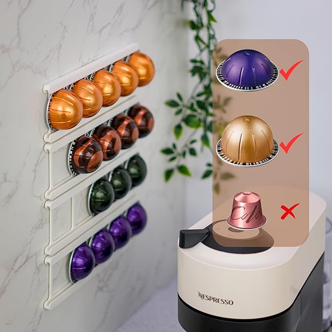 Adhesive Coffee Pod Holder for Nespresso VertuoLine, Holds 20 Capsules - Wall or Cabinet Mounted Coffee Capsule Rack with Strong 3M Adhesive Strips, Vertical or Horizontal Mount