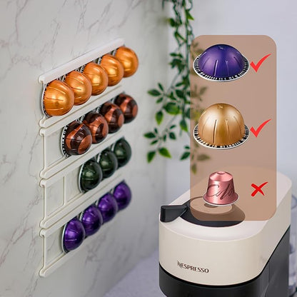 Adhesive Coffee Pod Holder for Nespresso VertuoLine, Holds 20 Capsules - Wall or Cabinet Mounted Coffee Capsule Rack with Strong 3M Adhesive Strips, Vertical or Horizontal Mount