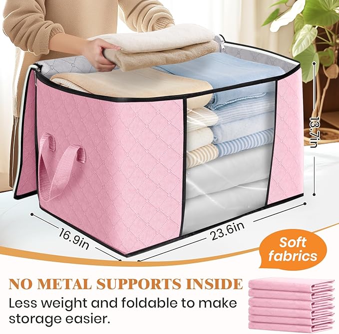 Fab totes 24 Gallons Clothes Storage, Foldable Thick Fabric Blanket Storage Bags, Containers for Organizing Bedroom, Closet, Clothing, Comforter, Organization with Handle (10 Pack,Pink)
