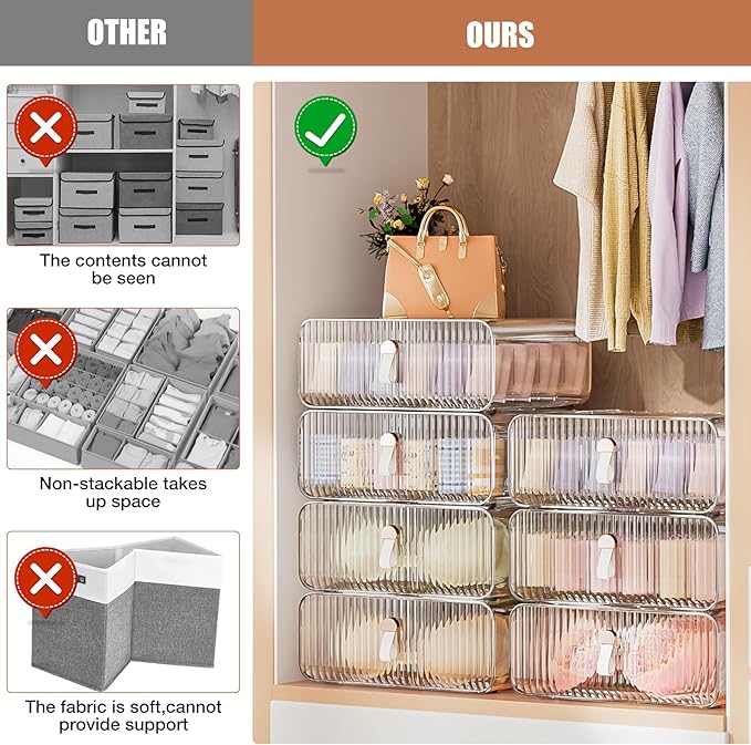 Sock Underwear Drawer Organizer - 24 Compartment Clear Acrylic Storage Bins with Removable Dividers for Closet, Stackable Dresser Drawer Box for No-Mess Socks, Tiers, Baby Clothes, Belt, Tea Bag