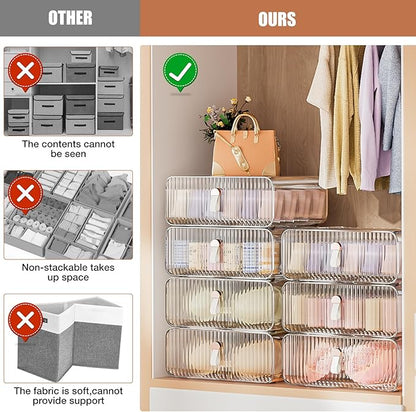 Sock Underwear Drawer Organizer - 24 Compartment Clear Acrylic Storage Bins with Removable Dividers for Closet, Stackable Dresser Drawer Box for No-Mess Socks, Tiers, Baby Clothes, Belt, Tea Bag