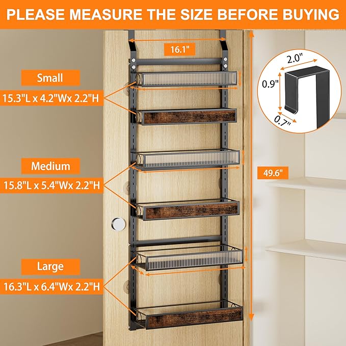 6 Tier Pantry Door Organizer Spice Rack, 2-IN-1 Wall Mount or Hanging Over Door Seasoning Organizer with Adjustable Baskets, Heavy Duty Behind Door Storage Shelves for Pantry, Cabinet and Kitchen