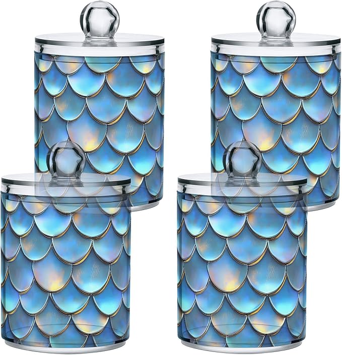ALAZA 2pcs Blue Mermaid Scale 3D Funny Qtip Holder Dispenser 14 oz Bathroom Storage Clear Apothecary Jars Containers Cotton Ball,Cotton Rounds,Floss Picks, Hair Clips, Food