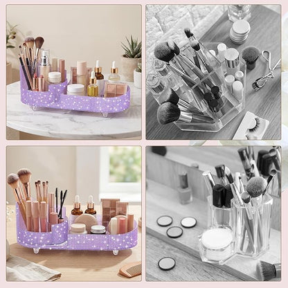 Teen Girls Mother's Day 360 Rotating Bling Makeup Organizer Gift Rhinestone Diamond Bathroom Organizer Girly Skin Care Brush Holder for Countertop, Bathroom Essentials(Purple,Rhinestone)