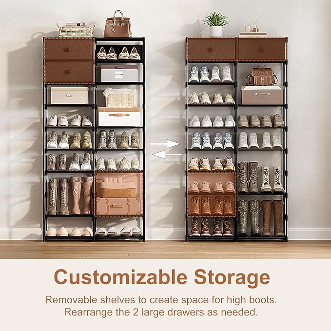 Tall Shoe Rack, 10 Tier Shoe Rack Organizer with 2 Large Drawers, Shoe Storage for 36-40 Pairs, Sturdy Metal Shoe Shelf Shoe Stand for Closet Entryway, Black Grey