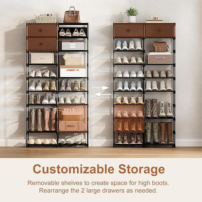 Tall Shoe Rack, 10 Tier Shoe Rack Organizer with 2 Large Drawers, Shoe Storage for 36-40 Pairs, Sturdy Metal Shoe Shelf Shoe Stand for Closet Entryway, Black Grey