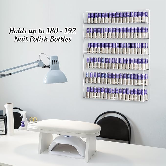 AMT 6 Tier Acrylic Nail Polish Racks for the Wall, Holds up to 180 Bottles, CLEAR Nail Polish Display, Essential Oils Organizer. Plus a Microfiber Cloth for Cleaning Purposes