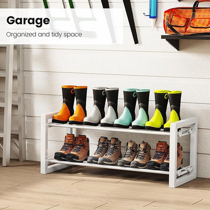 Homeiju Expandable Shoe Rack, 2 Tier Metal Shoe Shelf, Adjustable Shoe Stand for Sneakers, Boots, Heels, Heavy-Duty Steel Standing Shoe Organizer for Entryway, Closet, Bedroom, White