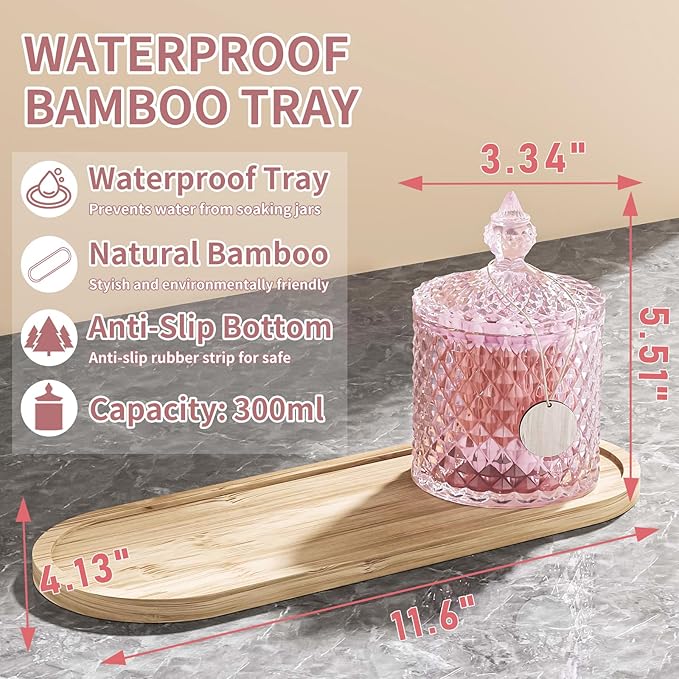 3Pack Pink Glass Qtip Holder Set with Bamboo Tray - 10oz Diamond-Facet Apothecary Jars with Lids - Bathroom Canisters for Cotton Swabs, Balls, Pads & Floss Picks - Vanity Storage Organizer