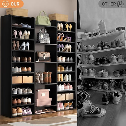 Unikito 14-Tier Shoe Cabinet, Wood Shoe Storage Organizer for Entryway, Freestanding Shoe Rack Cabinet with 22 Open Cubbies for Front Door Entrance, Living Room, Hallway, Bedroom, Black