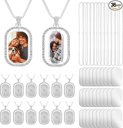 48 Pcs Sublimation Rhinestone Trays Pendant Set, Including 12 Double Sided Blank Rhinestone Bezel Trays, 12 Pcs Thick Chains with 24 Sublimation Discs for Making (Silver)