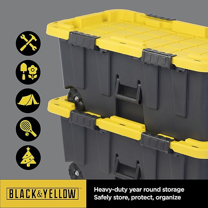 CX BLACK & YELLOW, 20-Gallon Heavy Duty Tough Storage Footlocker & Snap-Tight Lid, (13.4H x 18.2W x 32.3D), Weather-Resistant Design and Stackable Organization Tote [4 Pack]