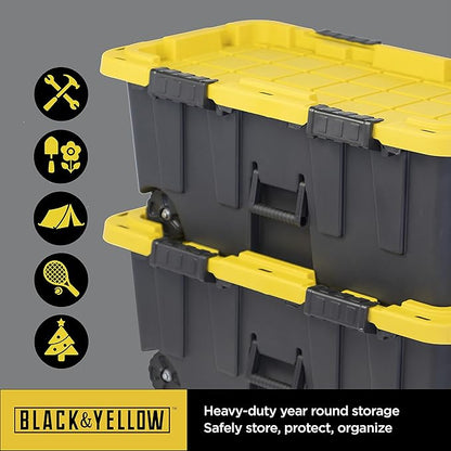 CX BLACK & YELLOW, 20-Gallon Heavy Duty Tough Storage Footlocker & Snap-Tight Lid, (13.4H x 18.2W x 32.3D), Weather-Resistant Design and Stackable Organization Tote [4 Pack]