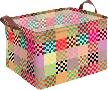 Colorful Checkered Storage Basket Waterproof Canvas Toy Storage Bin Checkered Home Decor Collapsible Outdoor Basket with Leather Handles Blanket Baskets For Closets,Bedrooms,Classroom,Gifts Baskets