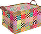 Colorful Checkered Storage Basket Waterproof Canvas Toy Storage Bin Checkered Home Decor Collapsible Outdoor Basket with Leather Handles Blanket Baskets For Closets,Bedrooms,Classroom,Gifts Baskets