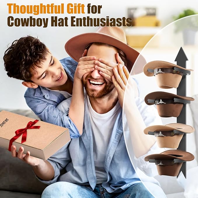 Cowboy Hat Rack, Cowboy Hat Holder Wall Mount Holds up to 4 Hats, Wooden Western Rustic Metal Cow boy Hat Hanger with Arrow Sign Board, Hat Rack for Western Hats, Fedora, Sun Hats (Black-1 Pack)