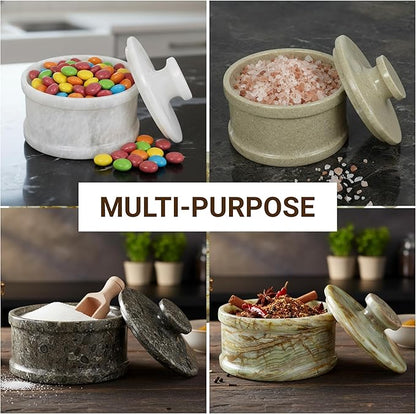 Marble Salt Cellar with Lid 3.5" Inch Verona Salt Box, Seasoning Container & Spice Jars, Stone Salt Holder for Counter, Spice Jar, Verona
