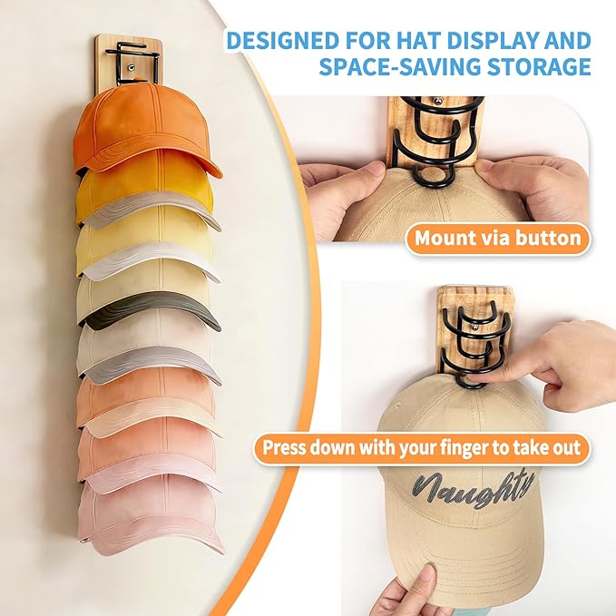 2 Pack Hat Organizer for Baseball Caps, Wood & Metal Hat Rack for Wall, Hat Storage for 22 Caps with Strong Adhesive/Wall Drilled for Door, Wall and Closet (Natural Wood)