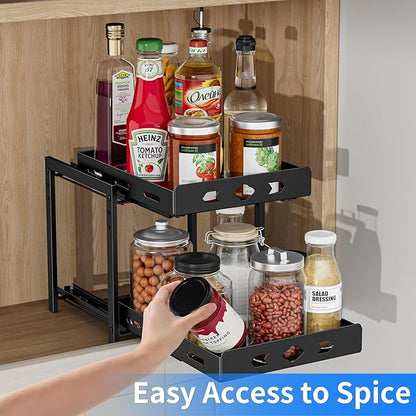 BOIVSHI Pull Out Spice Racks for Inside Cabinets, 2-Tier Cabinet Spice Rack, Height Adjustable Spice Rack Organizer for Cabinet, Kitchen Vertical Spice Rack (9.7''Wx10.8''Dx9.2''H, Metal Black)