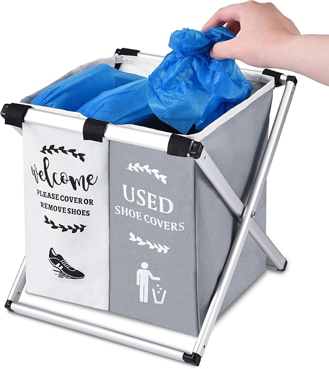 Shoe Cover Dispenser Foldable Shoe Covers Box Realtor Supplies,Holder with Used Shoe Covers and Please Remove Your Shoes Sign for Open House Supplies(Gray,Beige)