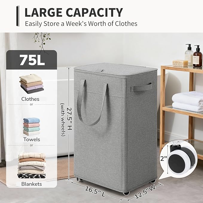 Goodpick Laundry Basket with Wheels and Lid, 75L Rolling Laundry Hamper with Removable Wash Bag and Handles, Collapsible Large Tall Dirty Clothes Hamper for Bathroom Dorm, Light Grey