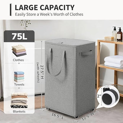 Goodpick Laundry Basket with Wheels and Lid, 75L Rolling Laundry Hamper with Removable Wash Bag and Handles, Collapsible Large Tall Dirty Clothes Hamper for Bathroom Dorm, Light Grey