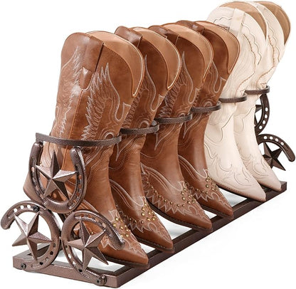 Western Horseshoe Boot Rack, 3 Pairs Freestanding Metal Boot Stand, Adjustable Cowboy Boot Organizer with Texas Star Ends for Entryway Bedroom Living Room Decor, Gift for Cowboy Boot Lovers, Bronze