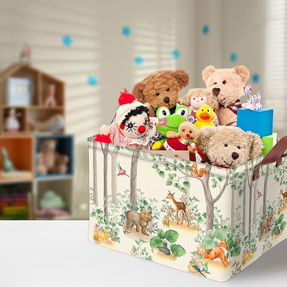 Woodland Animal Storage Basket Waterproof Canvas Toy Storage Bin Home Forest Decor Collapsible Outdoor Basket with Leather Handles Woodland Decor Blanket Baskets For Closets,Bedrooms,Gifts Baskets