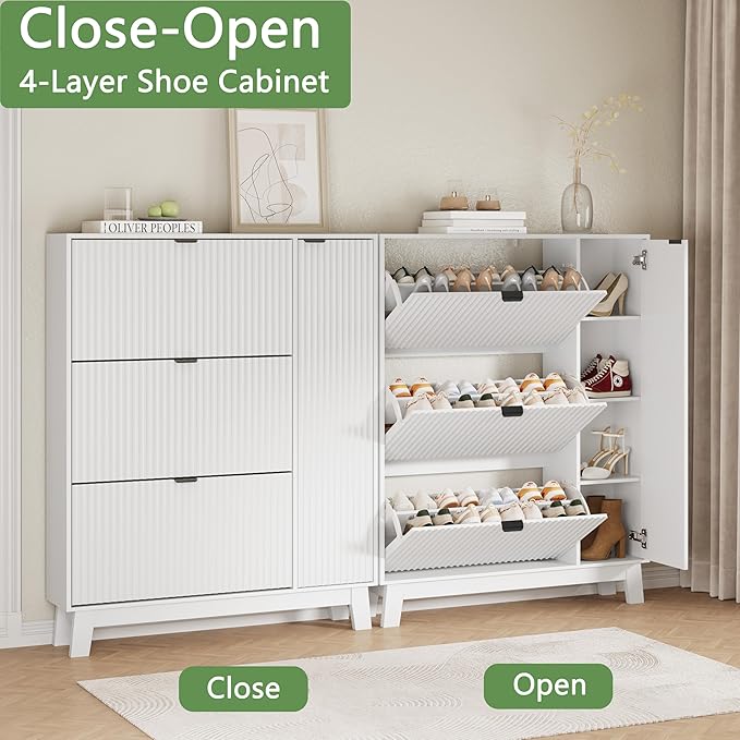 Xixini Shoe Cabinet with 3 Flip Drawers, 54" Tall Narrow Fluted Shoe Storage Organizer for Entryway, Hidden Wooden Shoe Rack with Adjustable Side Cabinet for Front Door Entrance, Hallway, Solid White