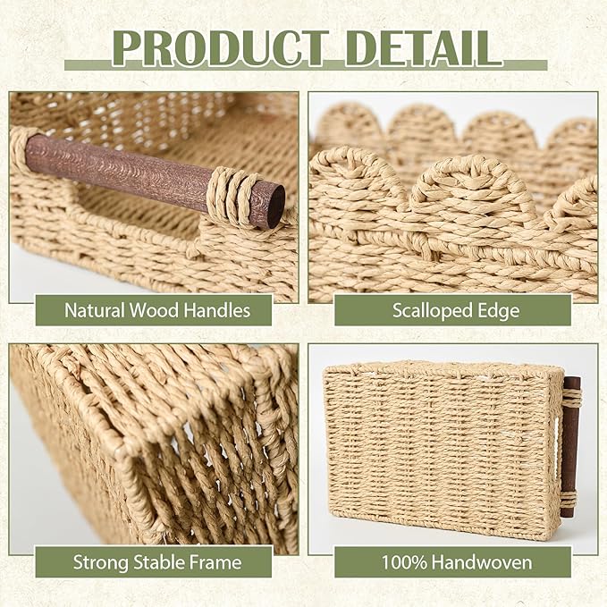 Cute Scalloped Basket, Handwoven Toilet Paper Storage with Built-in Handles, Wicker Basket for Organizing, Decoration and Home(Set of 2)