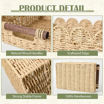 Cute Scalloped Basket, Handwoven Toilet Paper Storage with Built-in Handles, Wicker Basket for Organizing, Decoration and Home(Set of 2)