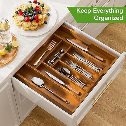 Pipishell Bamboo Expandable Drawer Organizer for Utensils Holder, Adjustable Silverware Organizer Cutlery Tray, Drawer Dividers for Utensils, Flatware, Knives in Kitchen, Bedroom, Living Room(M-Brown)