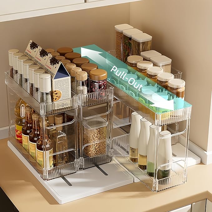 Mustorn Pull Out Spice Rack Organizer for Cabinet, Rotatable 2 Tier Slide Out Seasoning Organizer and Storage Adhesive Vertical Spice Rack Shelf Pullout for Kitchen Cabinets(2 Drawer, Acrylic)