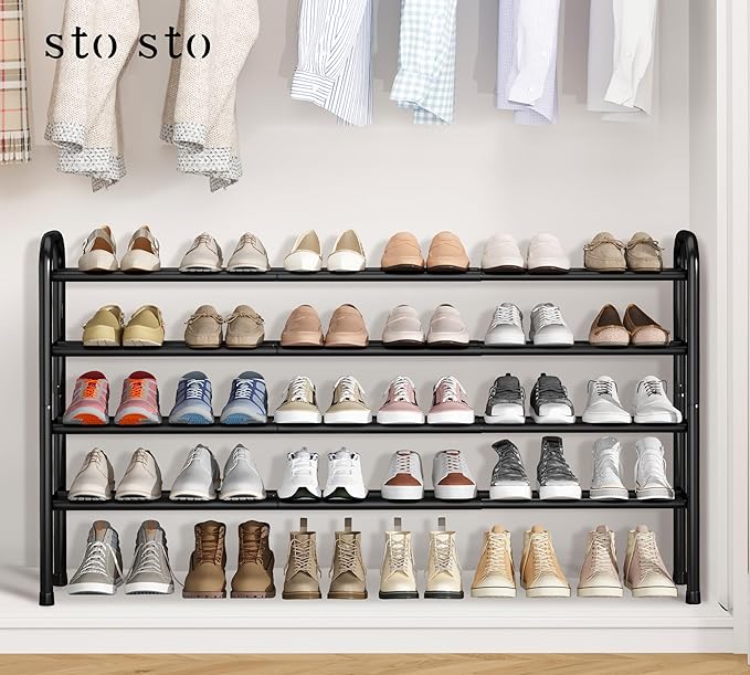 STO STO Long Expandable Shoe Rack 4-Tier, Adjustable Length 33.7”–47.5” Shoe Organizer, Metal Shoes Storage Shelf, Holds Up to 30 Pairs, Non-Slip Feet, for Closet, Entryway, Hallway, Front Door, Black
