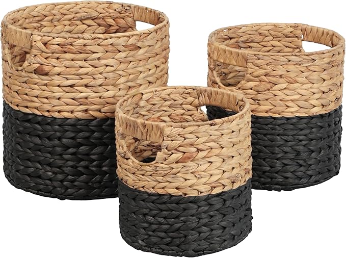 happimess BSK2011D-3SET Avery Bohemian Cottage Handwoven Hyacinth Cylinder Nesting Baskets with Handles, Natural/Black (Set of 3)