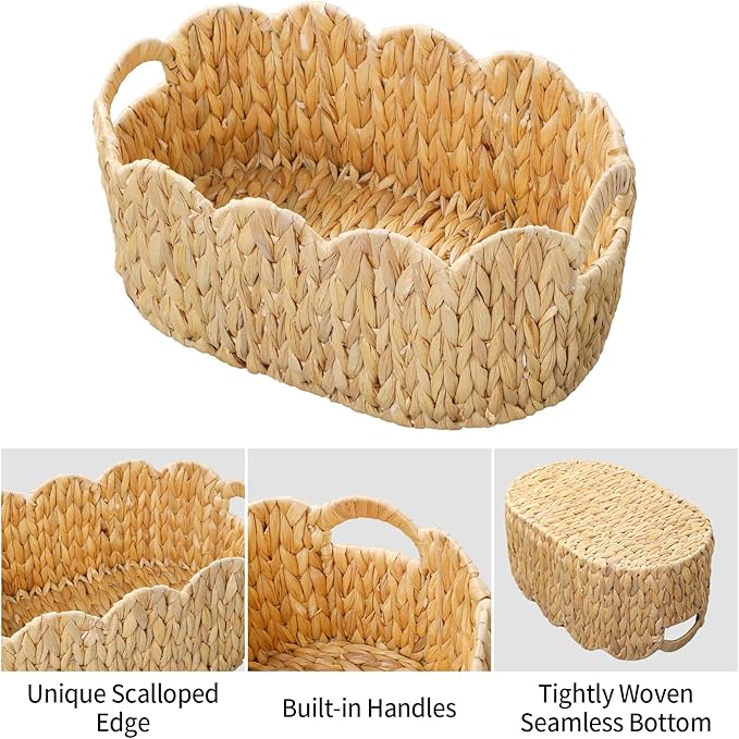 Coeusy Scalloped Basket Set of 2,Water Hyacinth Basket for Organizing and Decor,Hand-Woven Wicker Storage Baskets with Built-In Handles for Nursery,Gift,Laundry