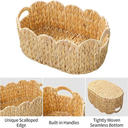 Coeusy Scalloped Basket Set of 2,Water Hyacinth Basket for Organizing and Decor,Hand-Woven Wicker Storage Baskets with Built-In Handles for Nursery,Gift,Laundry