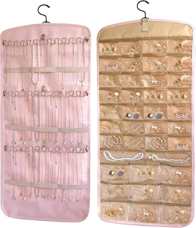 Hanging Jewelry Organizer Doubled-sided with Pockets & Hooks for Rings, Earrings, Necklaces, Hair Accessories Storage Roll, Closet Earring Holder Organizer for Wall, Door, Travel, 1 PCS, Pink