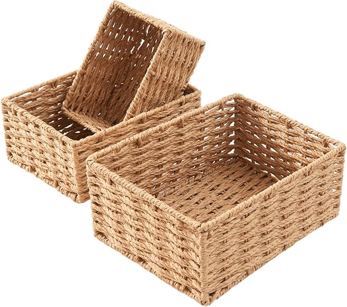 Small Wicker Basket for Organizing, Woven Storage Basket Set of 3 - Handwoven Natural Paper Rope Baskets to Declutter Any Room, Perfect for Organizing and Home Decor