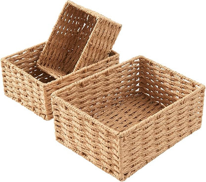 Small Wicker Basket for Organizing, Woven Storage Basket Set of 3 - Handwoven Natural Paper Rope Baskets to Declutter Any Room, Perfect for Organizing and Home Decor