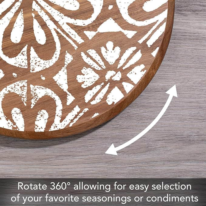 CounterArt Decorative Round Natural Wood Lazy Susan Turntable 14" Diameter Condiment Caddy, Cheese Server, Cake Plate, Spice Organization (White Tile Medallion)